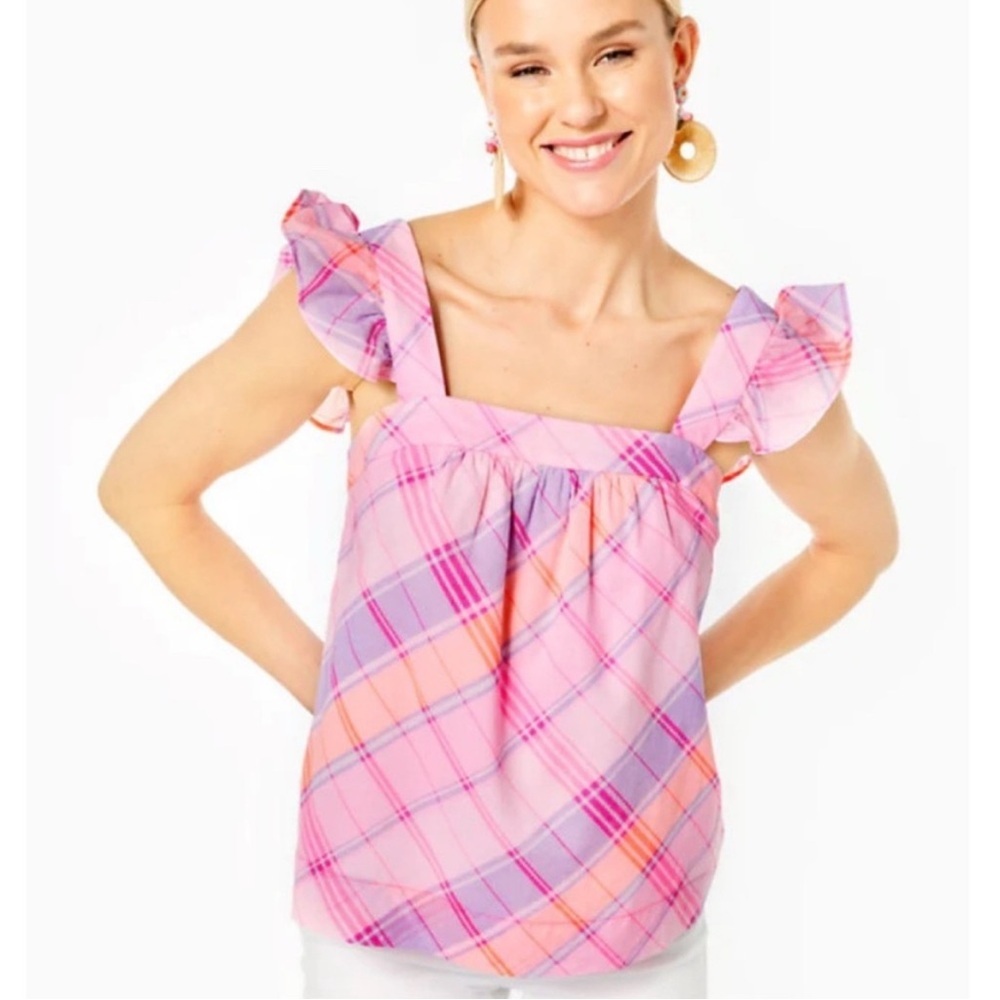 Lilly Pulitzer Reyna Top Pink Isle Madras Plaid